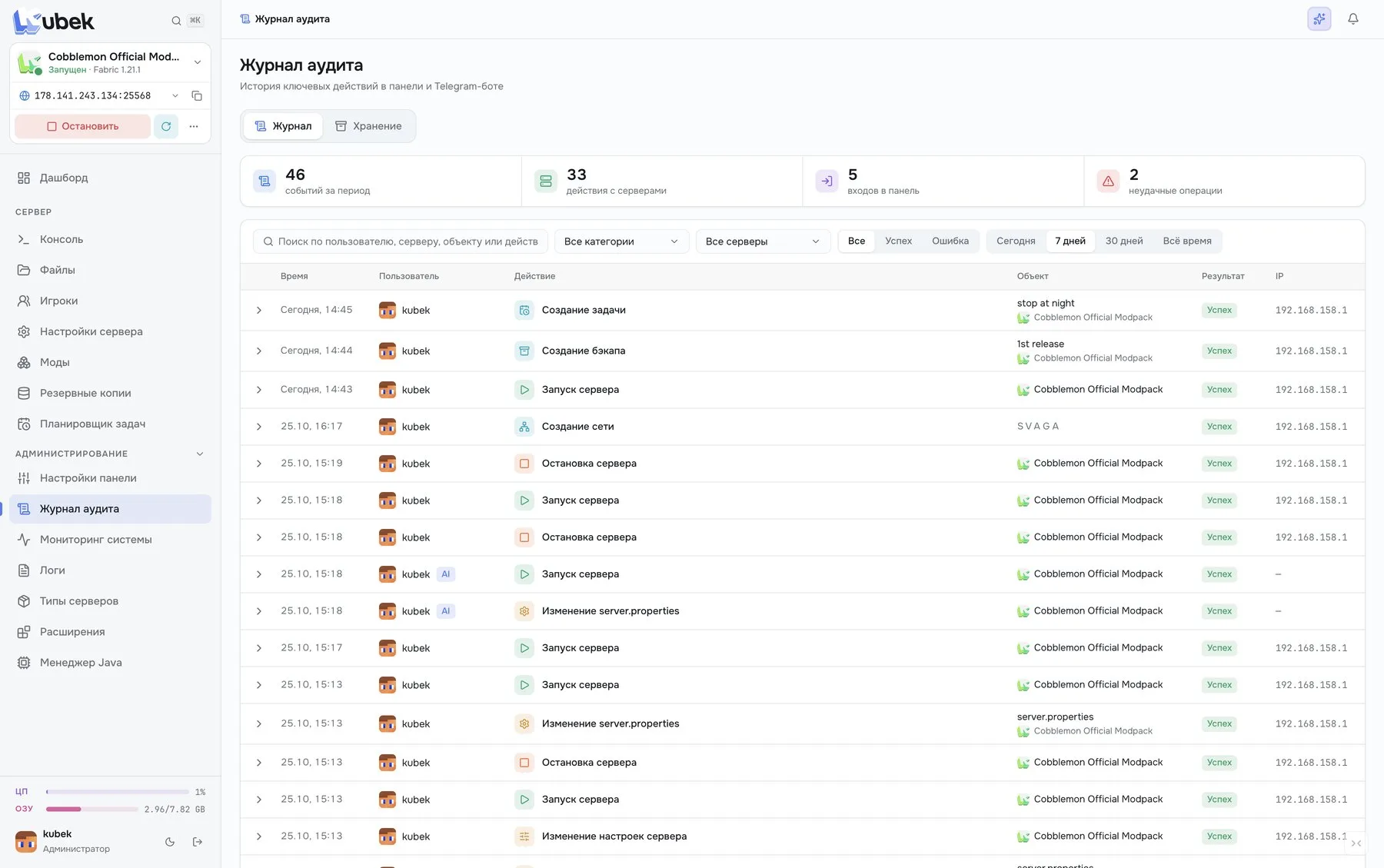 Kubek audit log with action history, servers and results