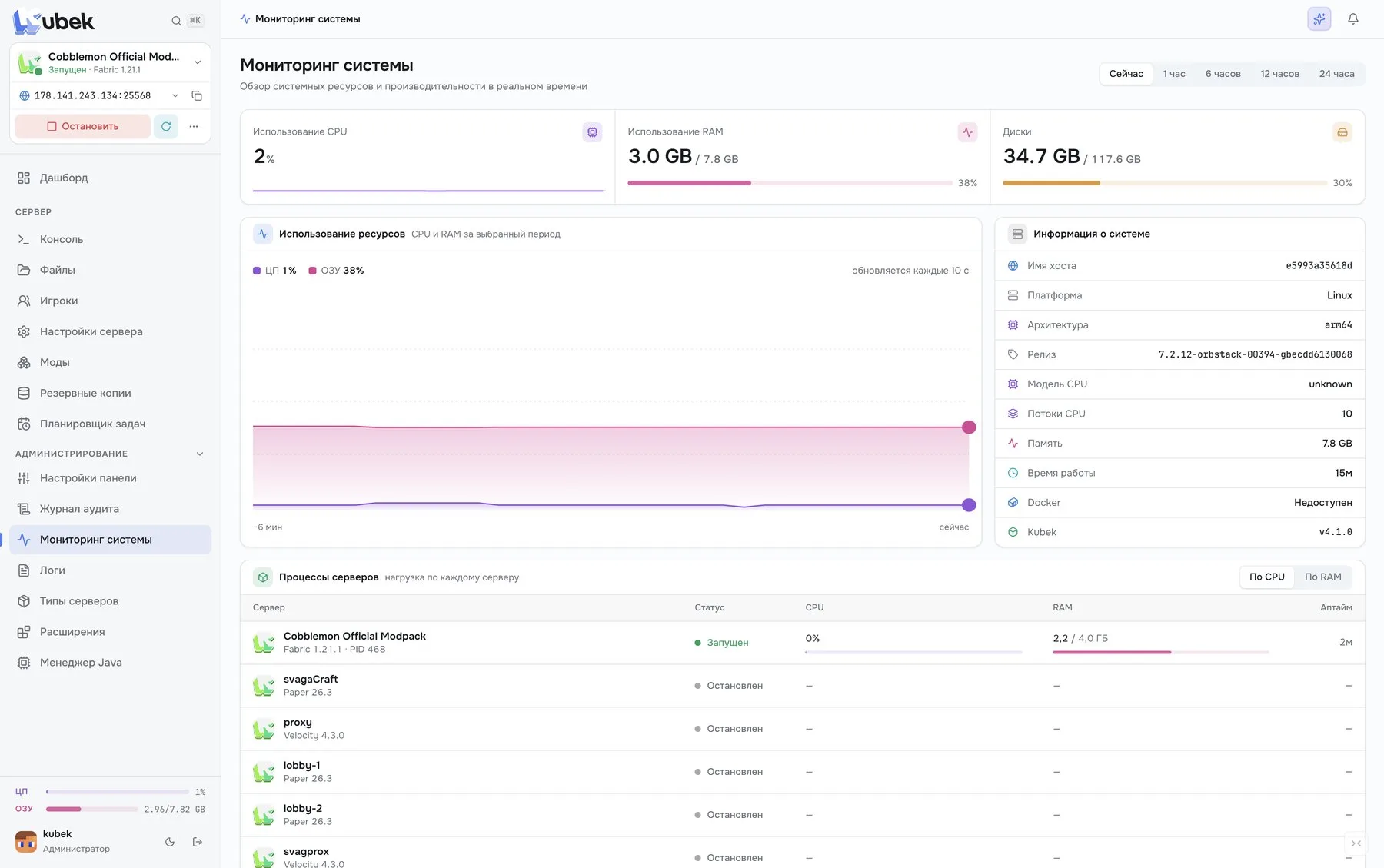 Kubek system monitoring: load chart, host info and server processes